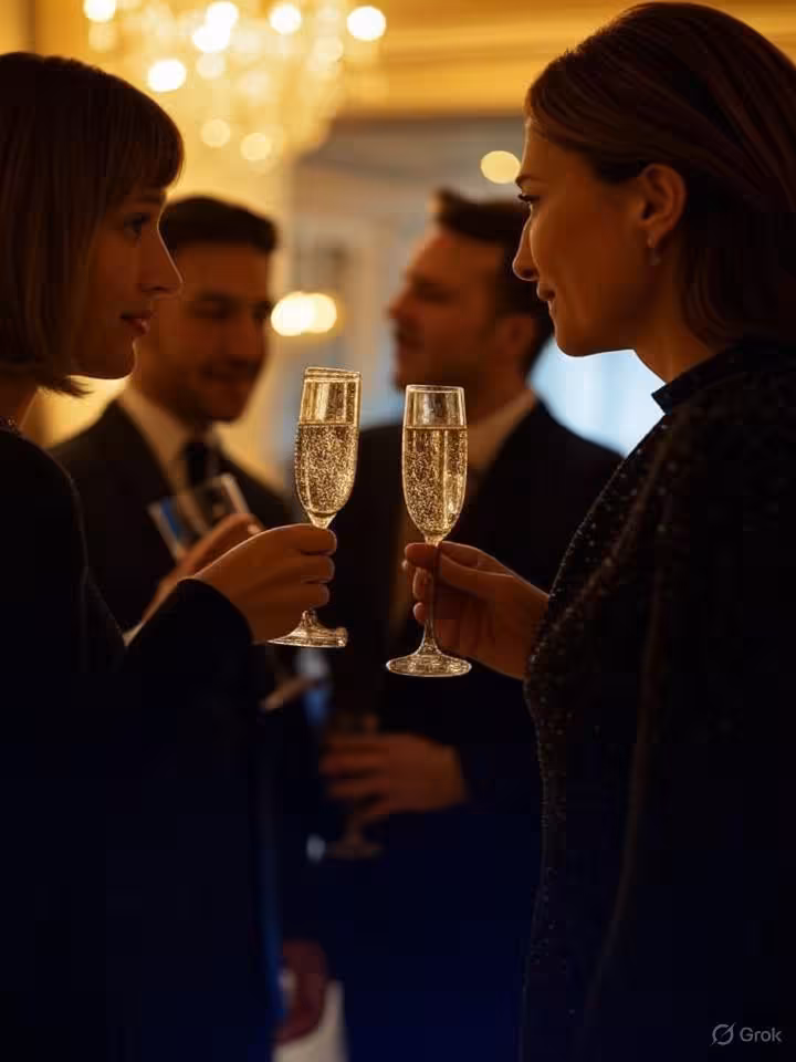 Elegant champagne glasses clinking at a luxurious social gathering, soft golden lighting, crystal ch