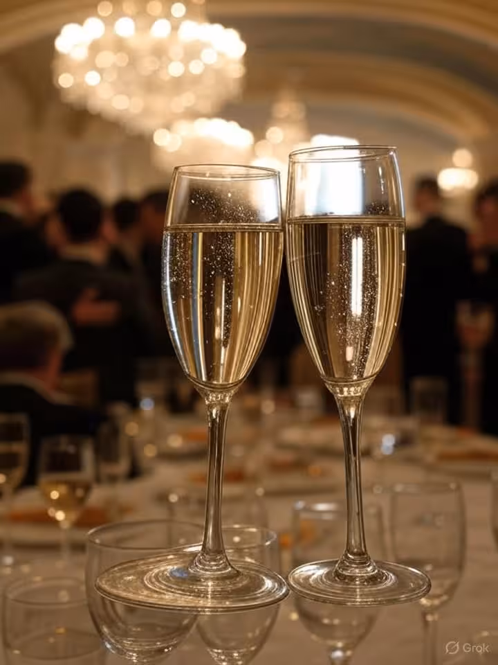 Elegant champagne glasses clinking at exclusive high society gala, soft golden lighting, luxury ball