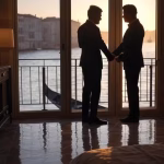 Luxury hotel suite with floor-to-ceiling windows overlooking Venetian canals at sunset, elegant coup