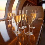 Luxury private jet interior at sunset, champagne glasses on polished wood table, Maldives ocean view