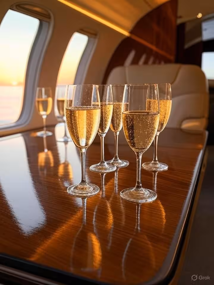 Luxury private jet interior at sunset, champagne glasses on polished wood table, Maldives ocean view