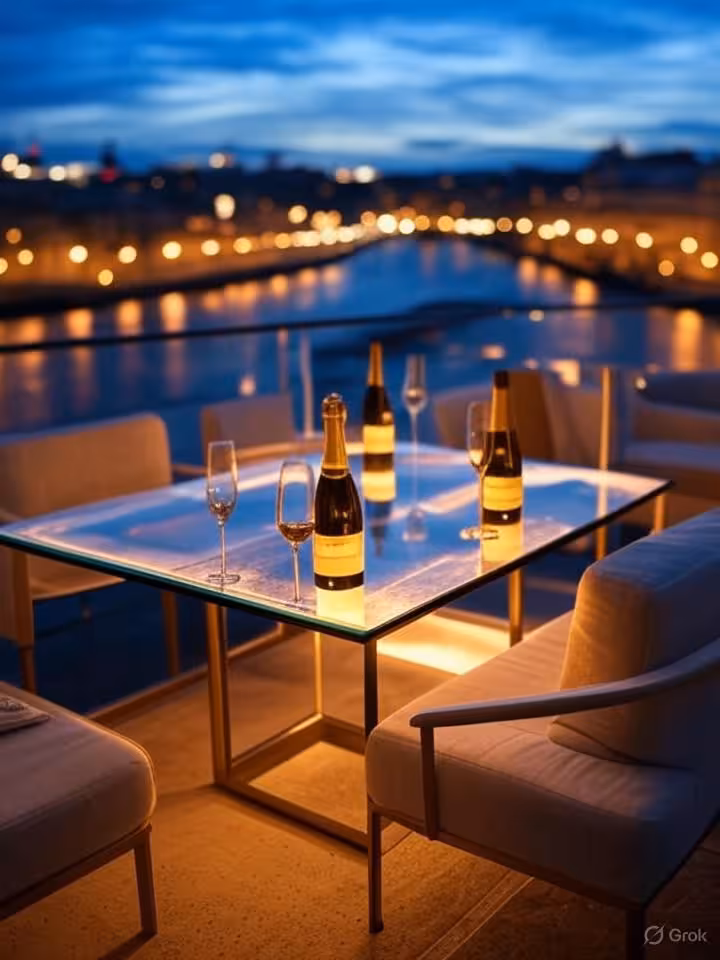 Elegant evening scene at a Parisian penthouse terrace overlooking the Seine river at night, champagn