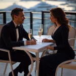 Elegant European couple having sophisticated conversation at exclusive rooftop terrace overlooking M