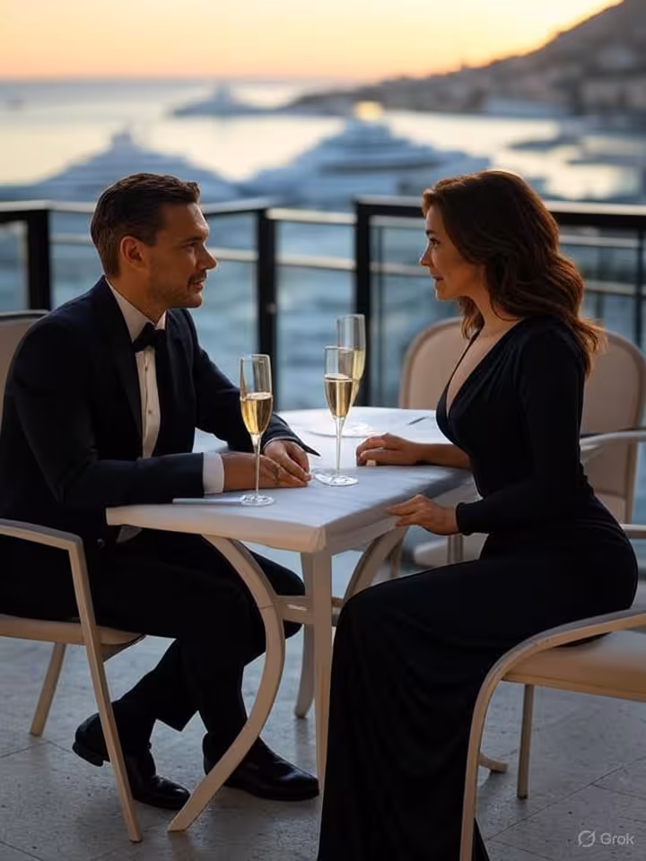 Elegant European couple having sophisticated conversation at exclusive rooftop terrace overlooking M