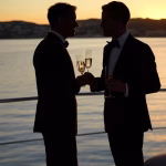 Elegant couple silhouette at sunset on private yacht terrace with champagne glasses, Mediterranean c