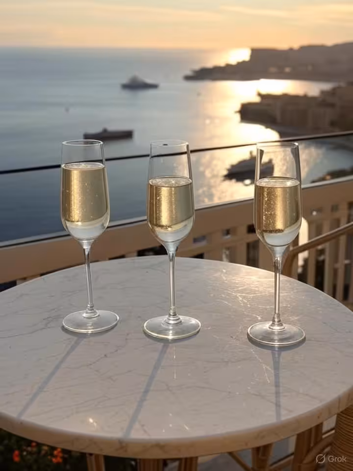 Elegant rooftop terrace overlooking Monaco coastline at sunset, Mediterranean sea sparkling with gol