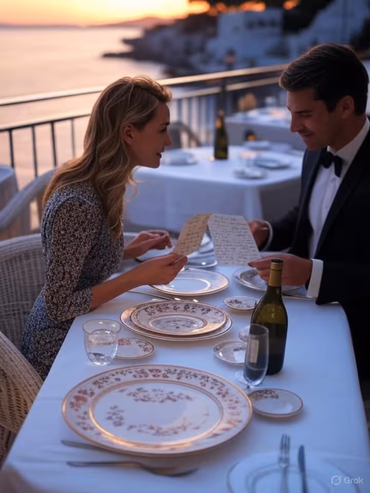Romantic fine dining scene with elegant couple on exclusive restaurant terrace overlooking Mediterra