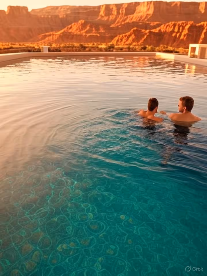 Infinity pool merging with Utah desert landscape at Amangiri resort, dramatic red rock formations in