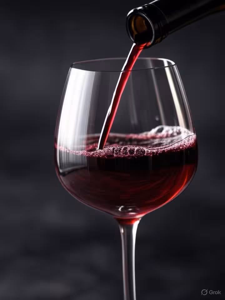 Close-up of deep red wine being poured into a crystal Bordeaux glass against dark background, dramat