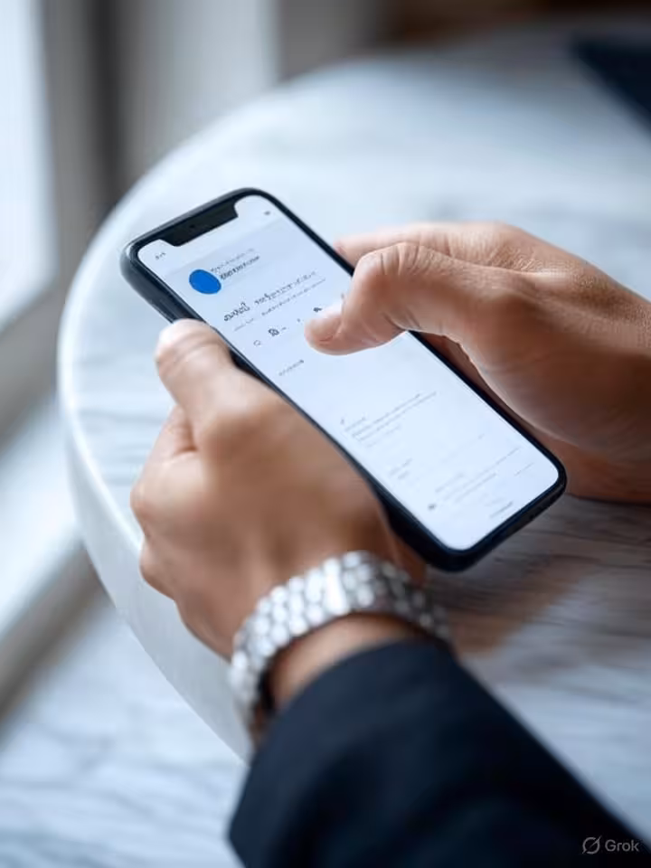 Close-up of elegant hands holding smartphone displaying LinkedIn profile verification, luxury watch