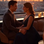 Sophisticated couple in evening attire having intimate conversation at upscale rooftop bar overlooki