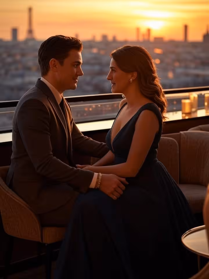 Sophisticated couple in evening attire having intimate conversation at upscale rooftop bar overlooki