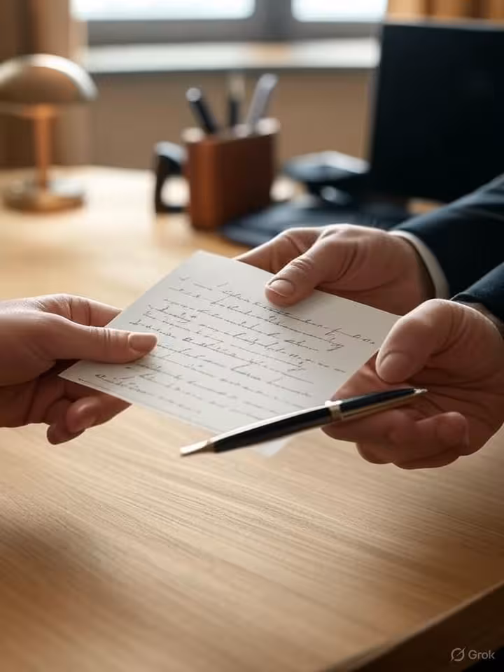 Close-up of hands exchanging a handwritten note on premium stationery, elegant fountain pen, soft na