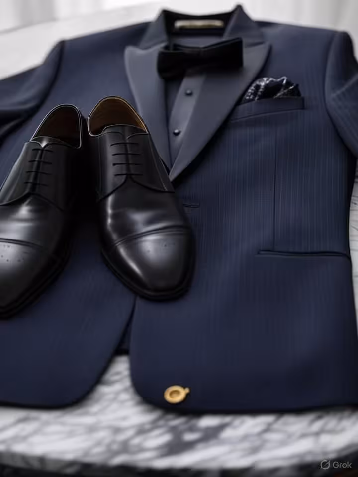 Luxurious men's fashion detail shot: perfectly tailored navy tuxedo, silk pocket square, vintage cuf