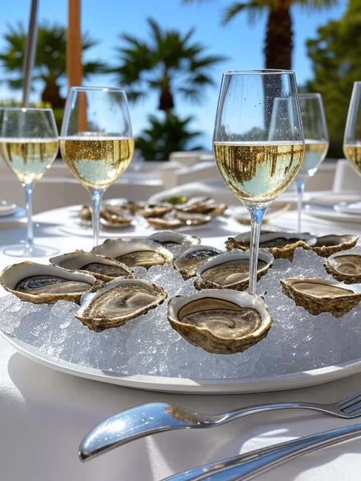 Sunlit Mediterranean terrace brunch setting in Monaco, white wine glasses with condensation, fresh o