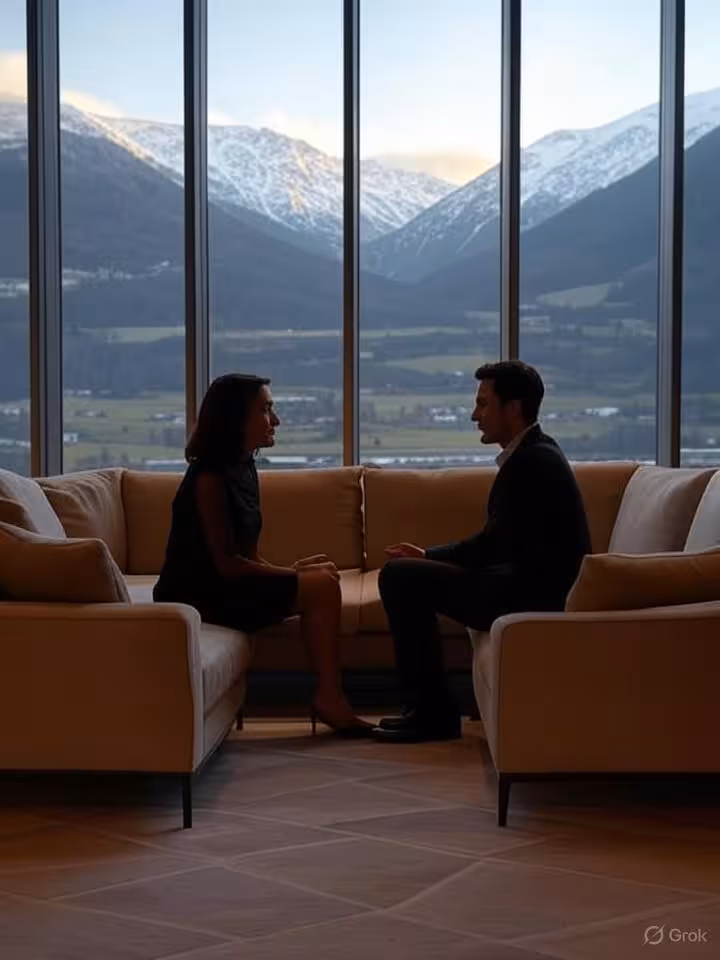 Modern minimalist luxury lounge interior, floor-to-ceiling windows overlooking mountains, sophistica