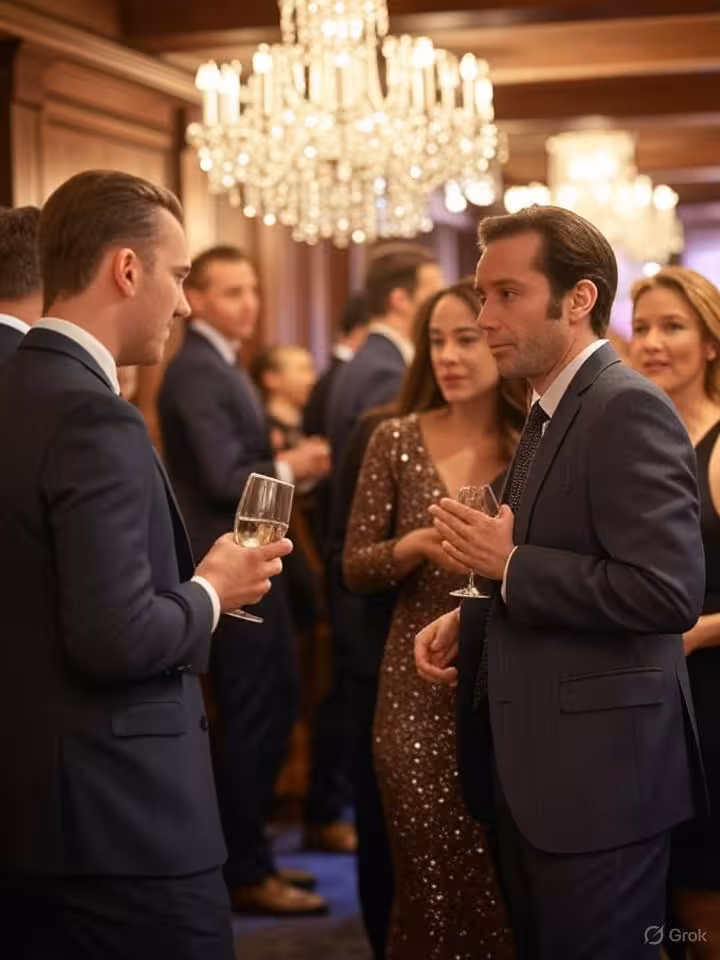 Sophisticated networking event at private London club, well-dressed professionals mingling, crystal