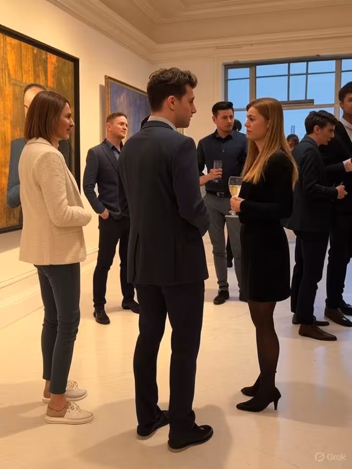 Elegant private art gallery interior in London, contemporary paintings on white walls, sophisticated