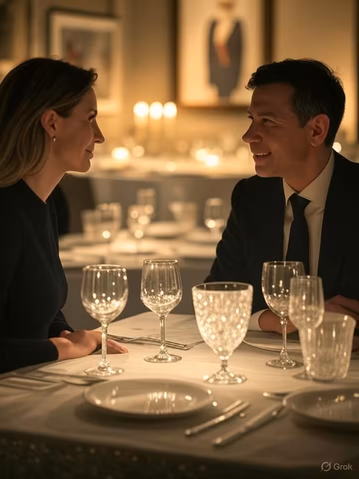 Intimate fine dining scene in Michelin-starred restaurant, couple having sophisticated conversation 