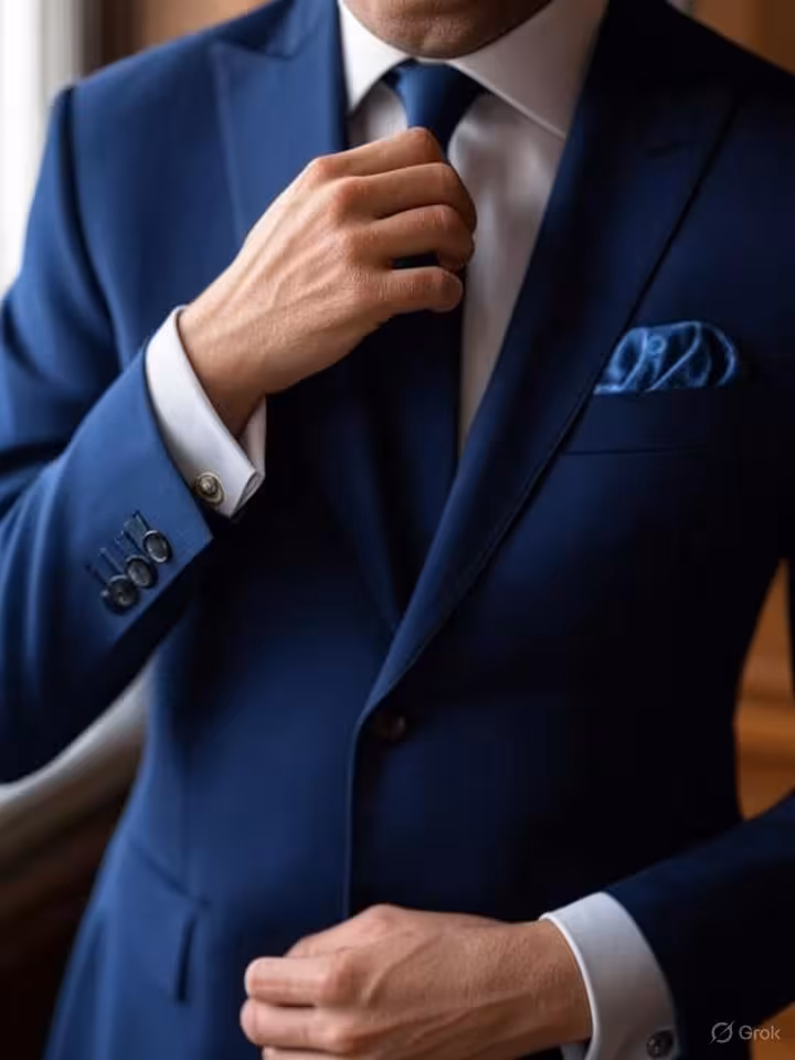 Bespoke tailored suit detail showing perfect craftsmanship, luxury fabric texture, elegant cufflinks