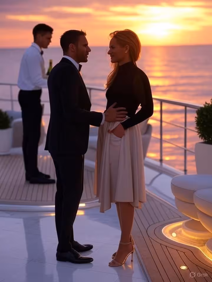 Exclusive Monaco yacht party deck view, elegant guests in designer attire engaging in refined conver