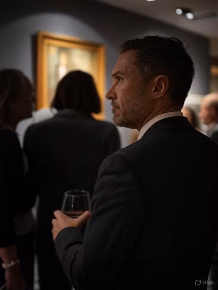 Private art gallery event, contemporary artworks illuminated dramatically, elegantly dressed guests