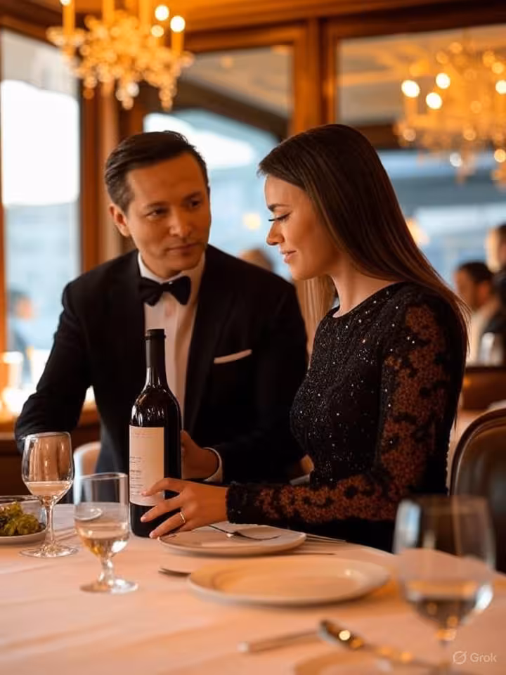 Luxury restaurant interior at Harry's Bar Venice, impeccably dressed couple dining, attentive sommel