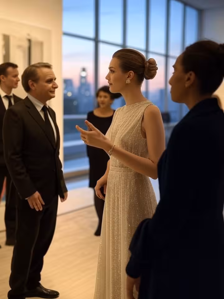 Sophisticated international gathering at exclusive art gallery event, diverse cultural interactions,