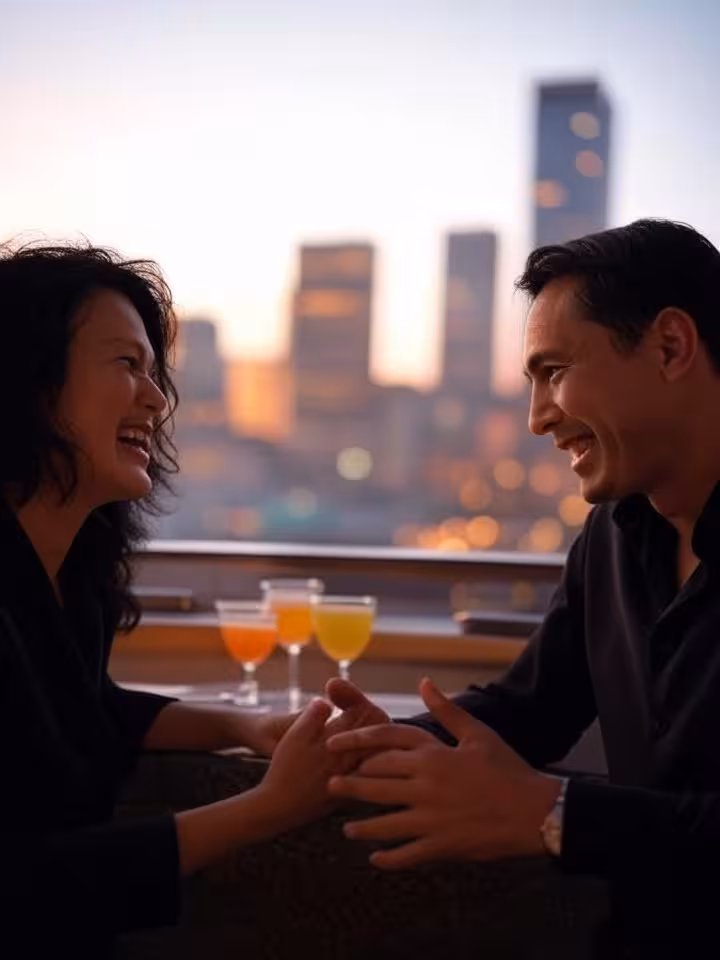 Two people engaged in animated conversation at rooftop bar, city skyline at dusk, cocktails on table