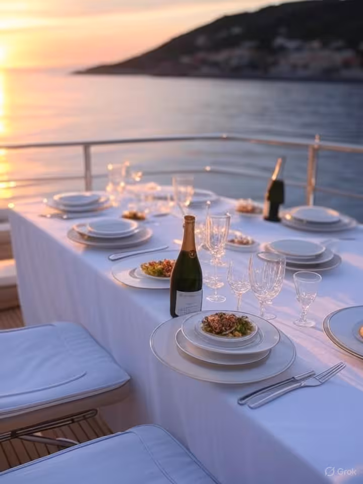 luxury yacht deck with intimate dining setup, Mediterranean coastline background, sunset golden hour