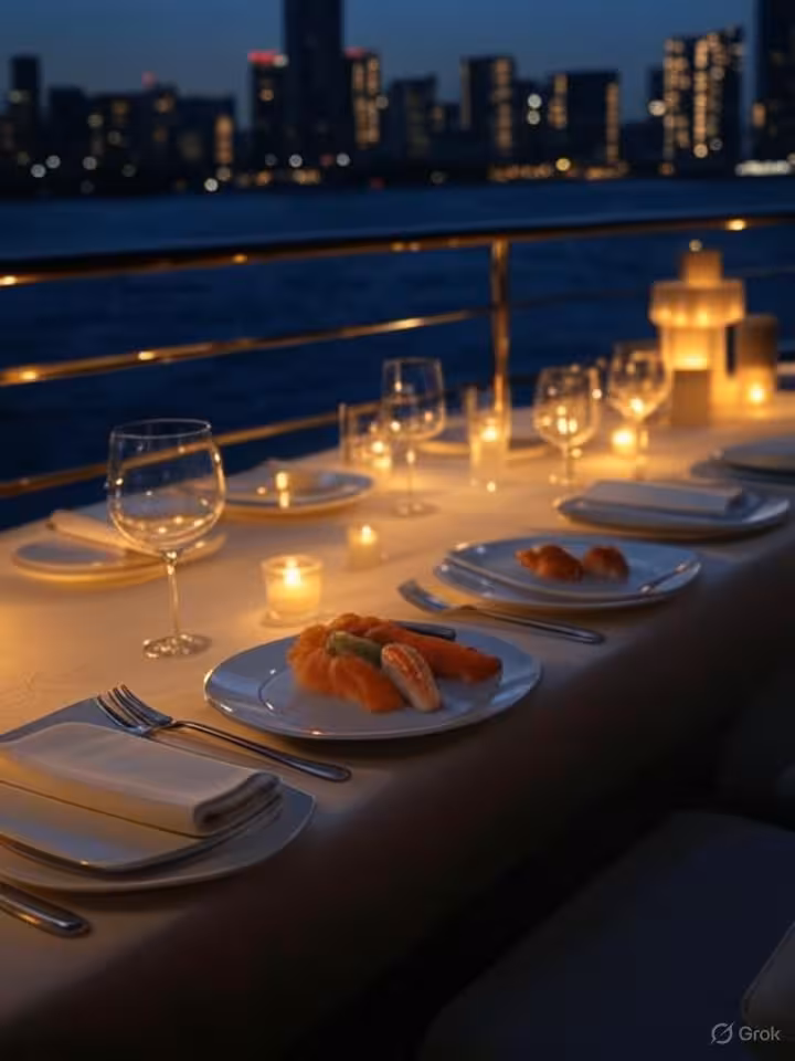 Intimate dinner setup on luxury yacht deck, Tokio bay skyline in background, premium sushi presentat