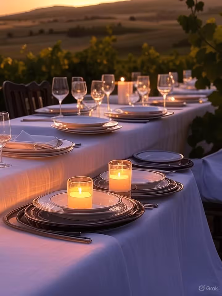 Private wine tasting at boutique vineyard in Tuscany, intimate candlelit dinner setup among grape vi