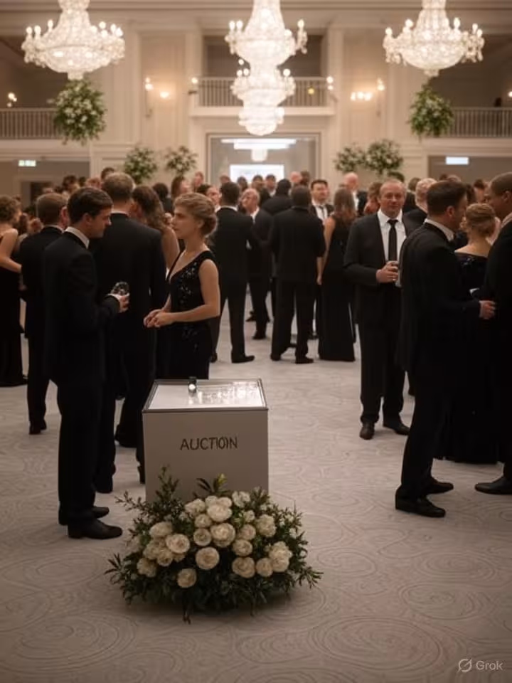 Grand charity gala ballroom, crystal chandeliers, elegant guests in formal evening wear mingling, au