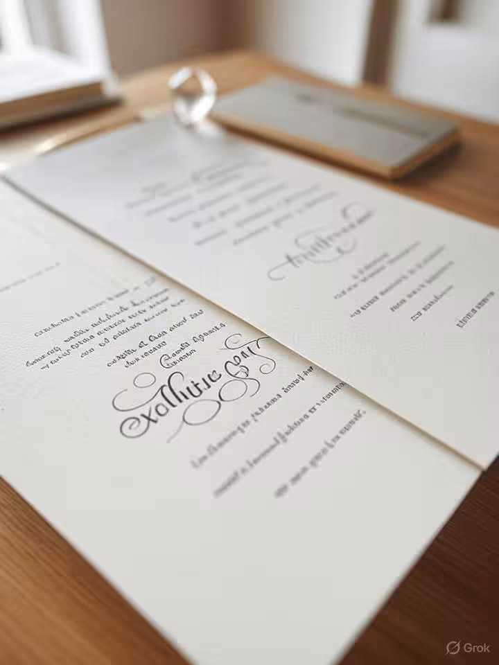 Handwritten invitation on luxury stationery with fountain pen, elegant calligraphy, exclusive event 