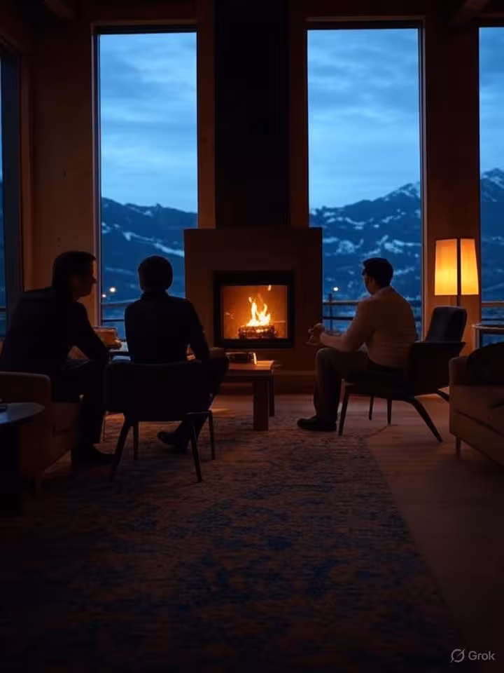 Serene luxury mountain lodge interior at dusk, warm fireplace glow, two people silhouetted against p