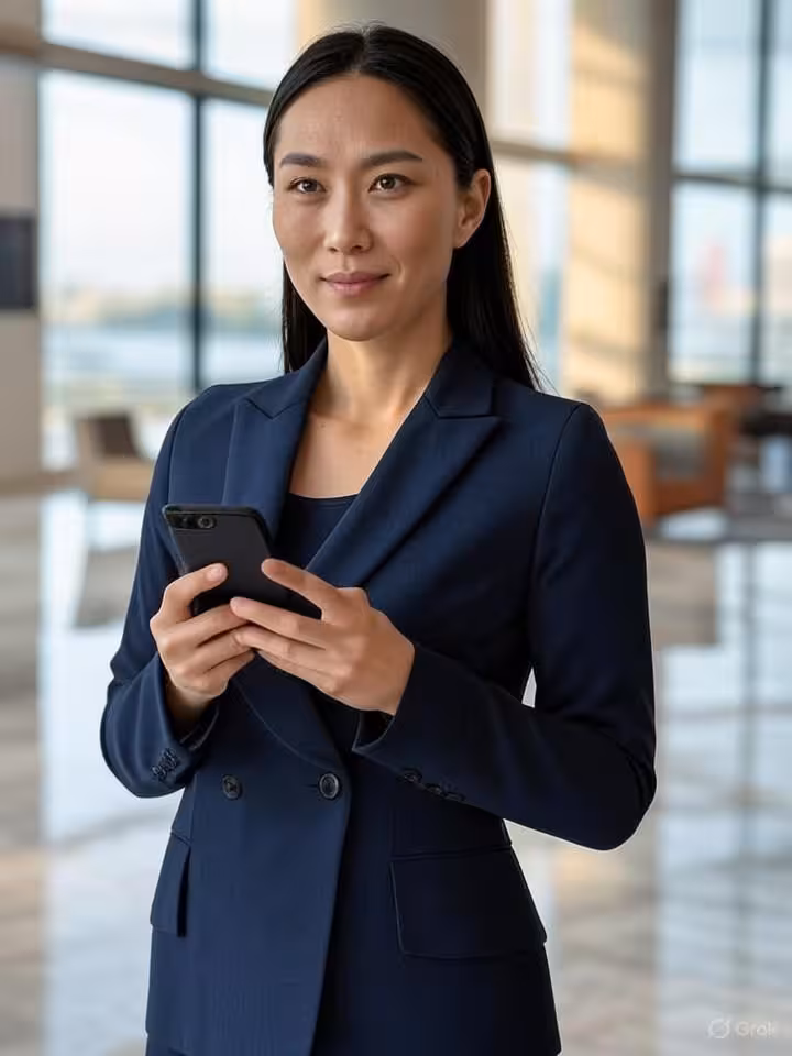 modern executive woman in business attire using smartphone in luxury hotel lobby, contemporary archi