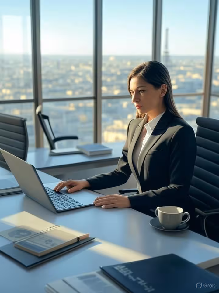 Modern sophisticated office with floor-to-ceiling windows overlooking Paris cityscape, elegant profe