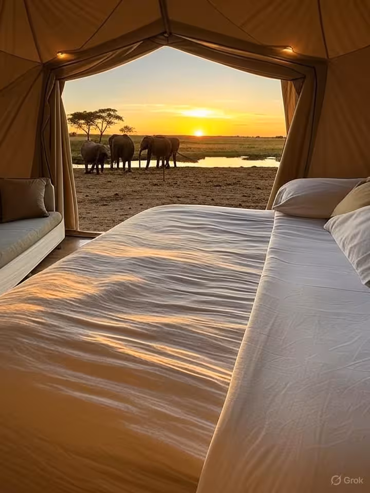 Luxury glamping tent interior in African savannah, king-size bed with elegant linens, open front rev