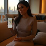 Elegant woman looking at luxury dating app on smartphone in sophisticated penthouse with city skylin