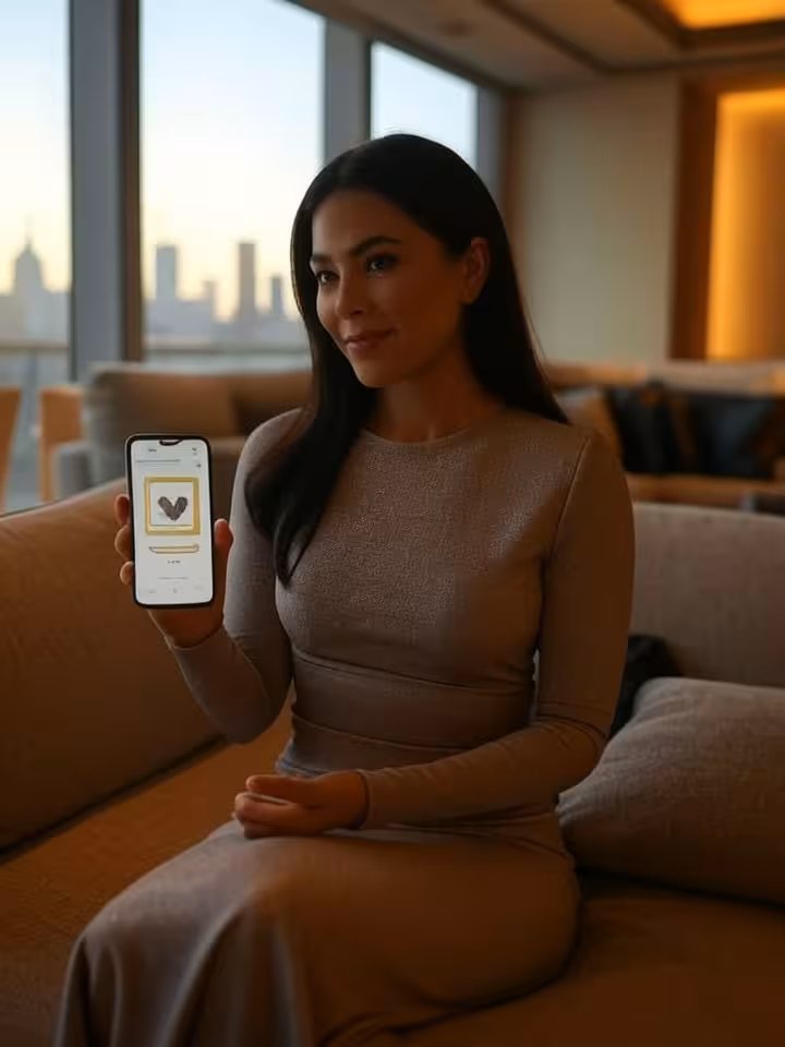 Elegant woman looking at luxury dating app on smartphone in sophisticated penthouse with city skylin
