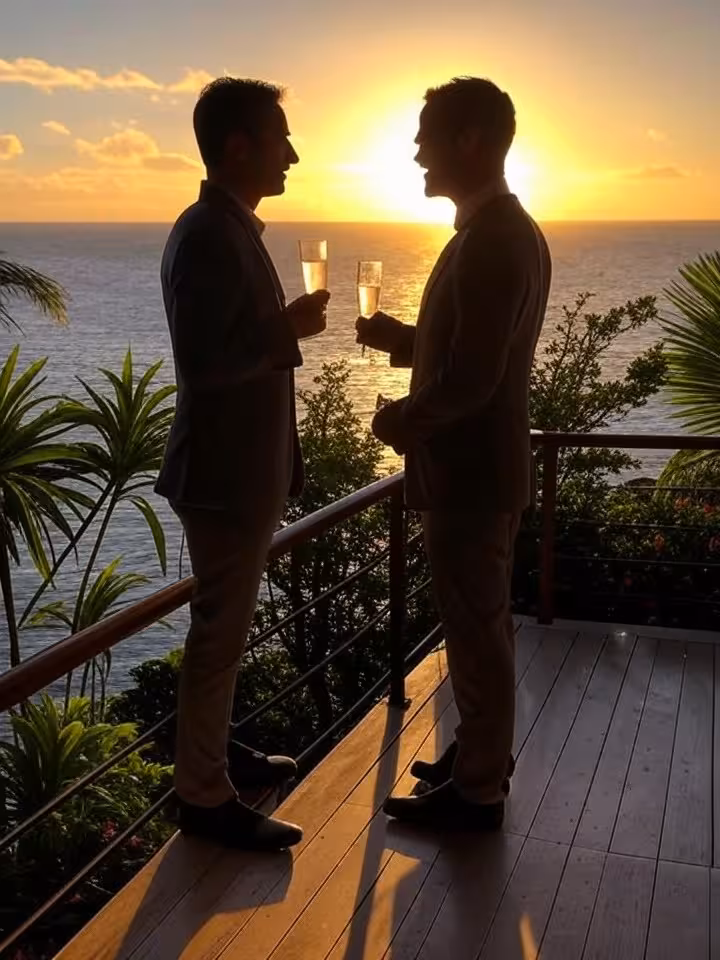 Elegant couple silhouette watching sunset from luxury private island deck, champagne glasses, tropic