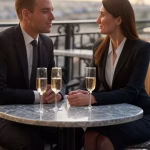 Elegant sophisticated business conversation at luxury Parisian terrace, two well-dressed professiona