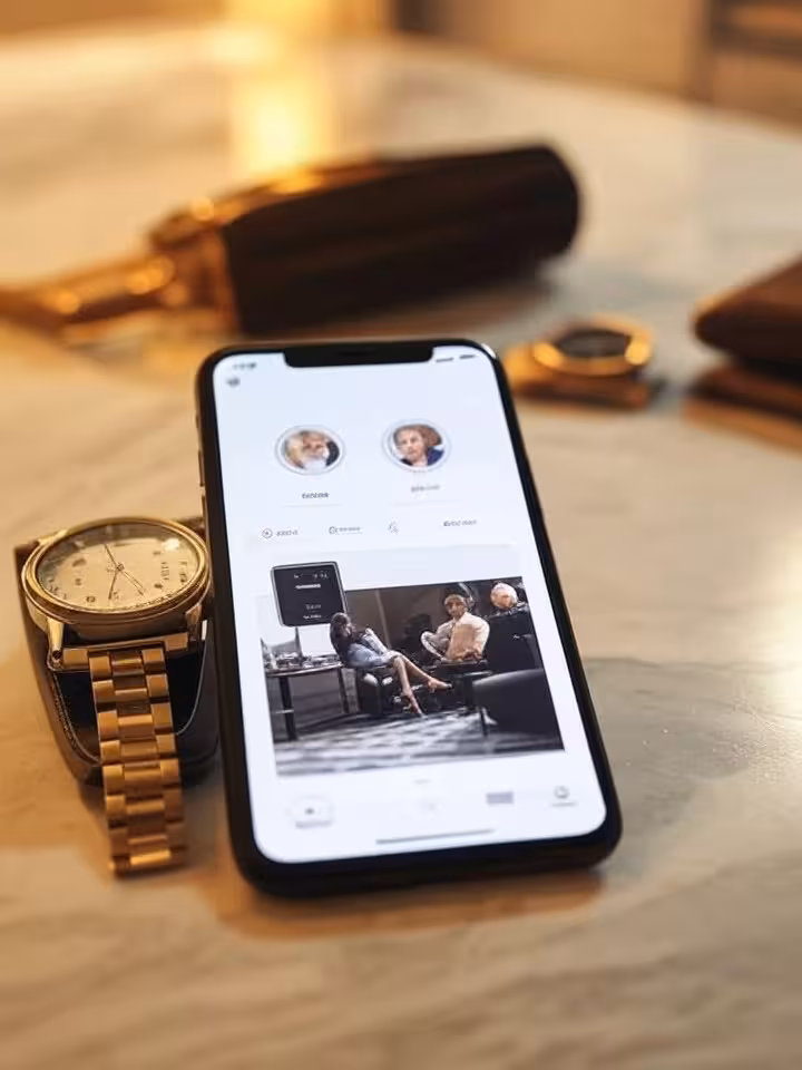 Elegant smartphone displaying luxury dating app interface on marble surface with designer accessorie