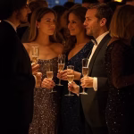 Elegant luxury gala event in Paris, sophisticated crowd in evening wear having discreet conversation