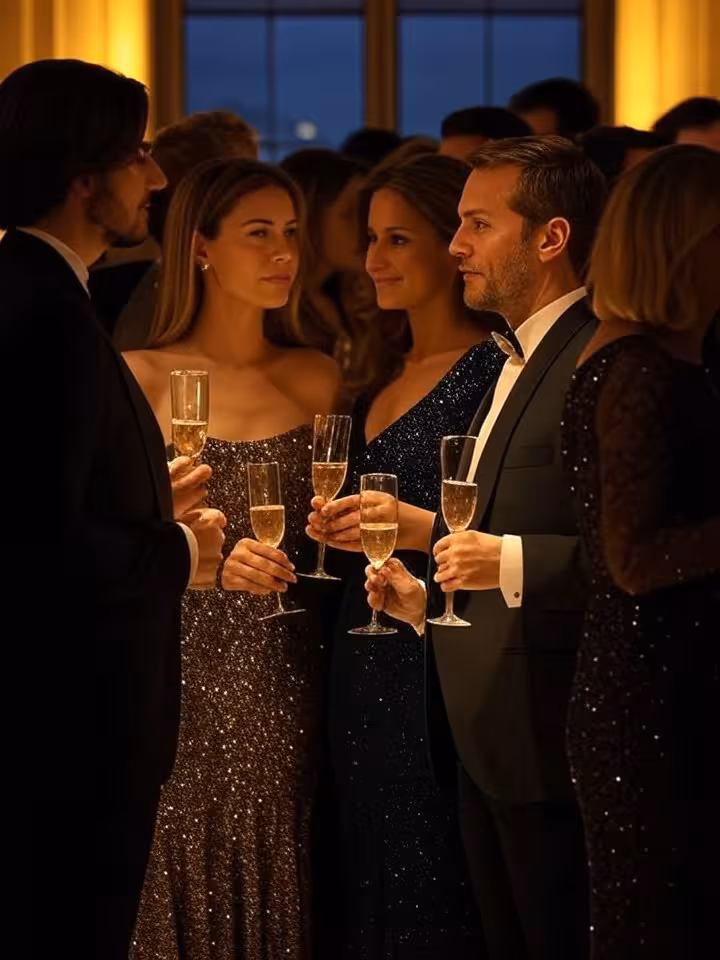 Elegant luxury gala event in Paris, sophisticated crowd in evening wear having discreet conversation