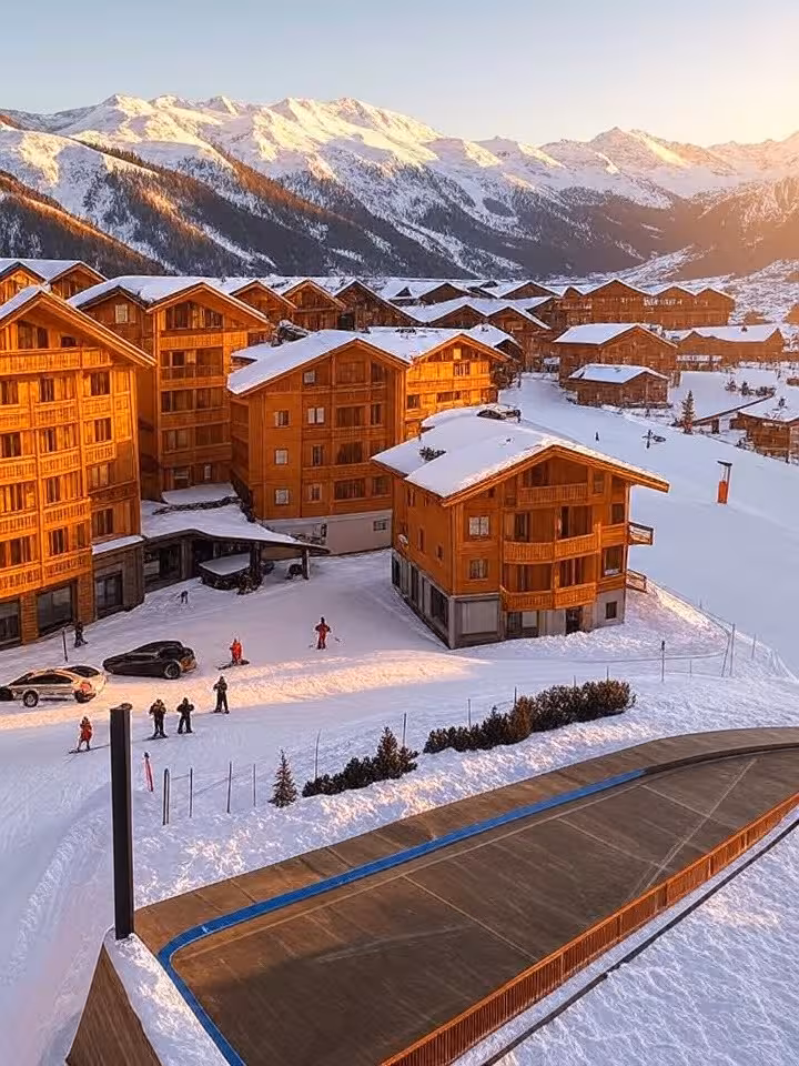 Luxurious alpine ski resort with elegant chalets and snow-covered peaks during golden hour, cinemati