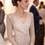 Elegant Parisian woman in haute couture dress conversing at exclusive art gallery opening, champagne