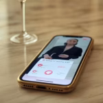 Elegant smartphone displaying exclusive dating app interface with golden accents, placed on marble s