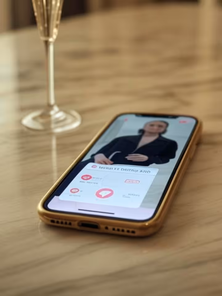 Elegant smartphone displaying exclusive dating app interface with golden accents, placed on marble s