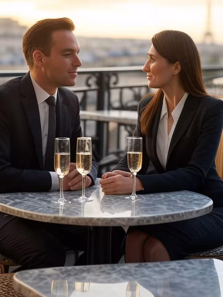 Elegant sophisticated business conversation at luxury Parisian terrace, two well-dressed professiona